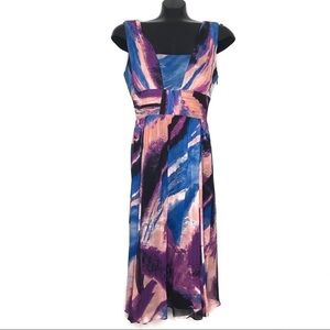 JAX multicolor watercolor silk chiffon dress with pleated bodice and flowy skirt